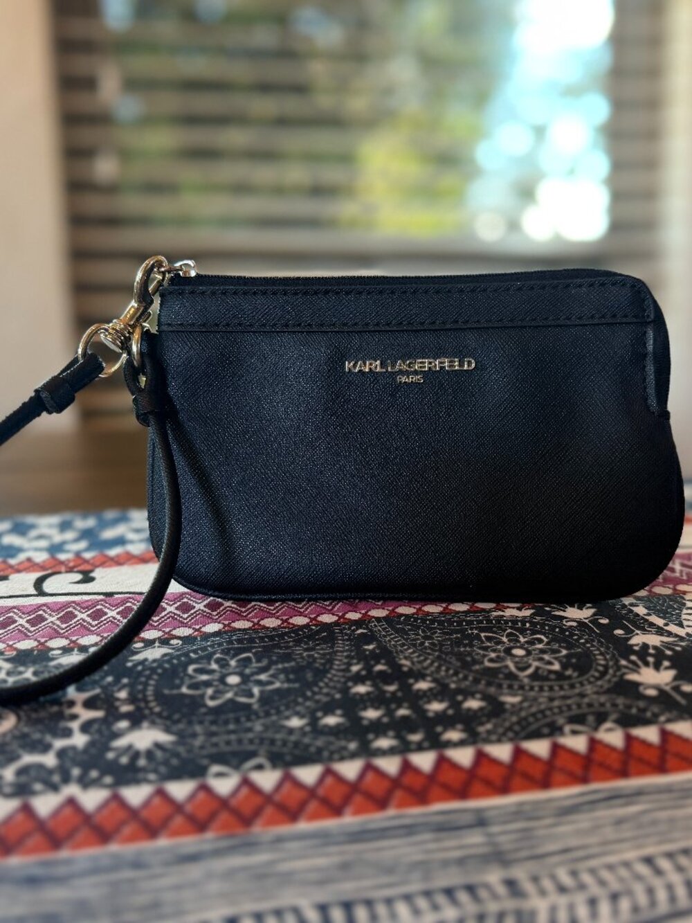 Karl Lagerfeld Black Saffiano Wristlet Pouch, EUC